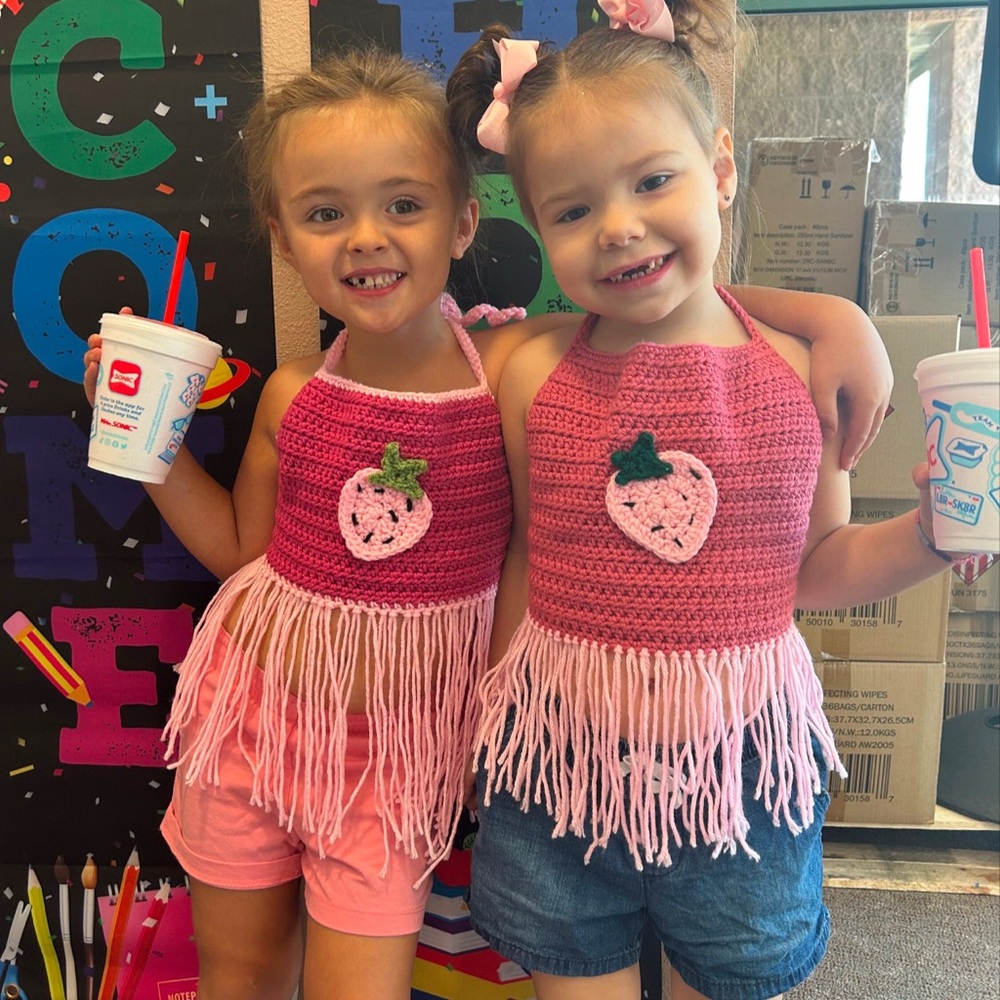 Fringe Strawberry Top Size 5/6T Handmade Pink Strawberry Fringe Halter Tops